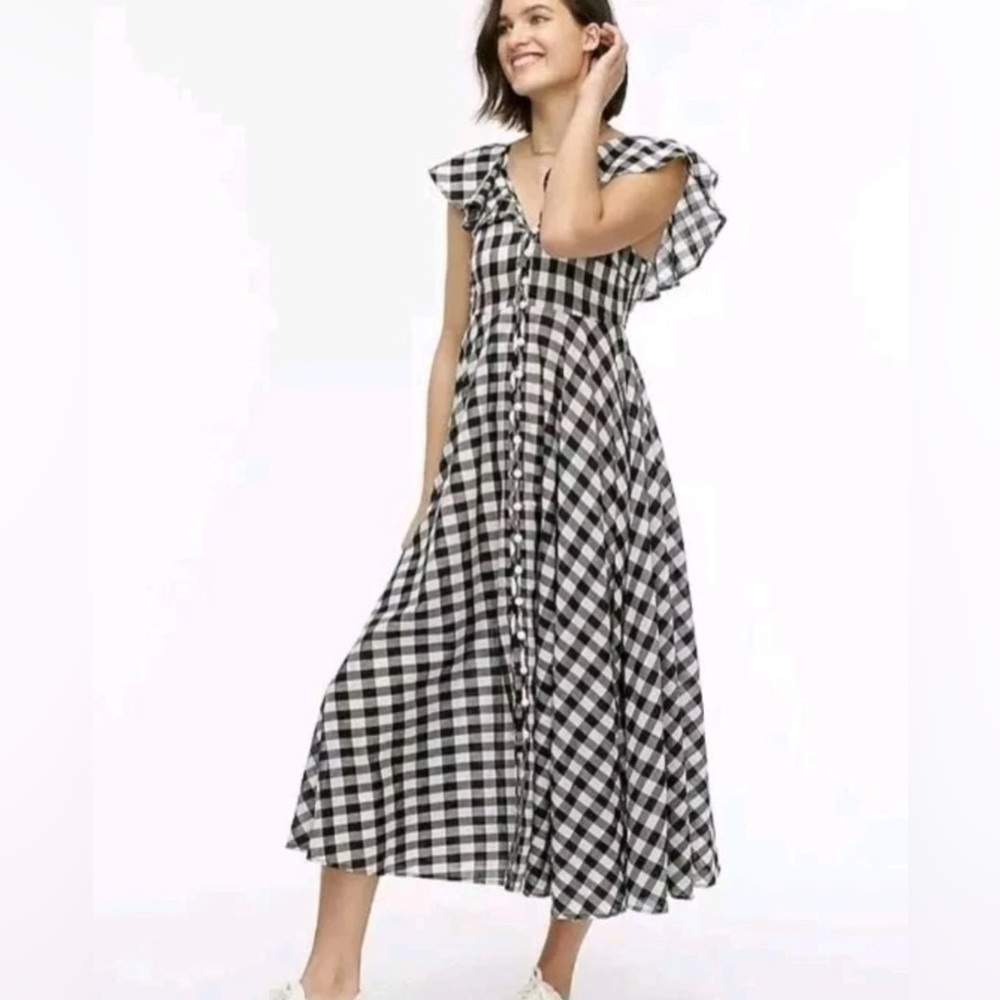J. Crew Black and White Gingham Midi Dress